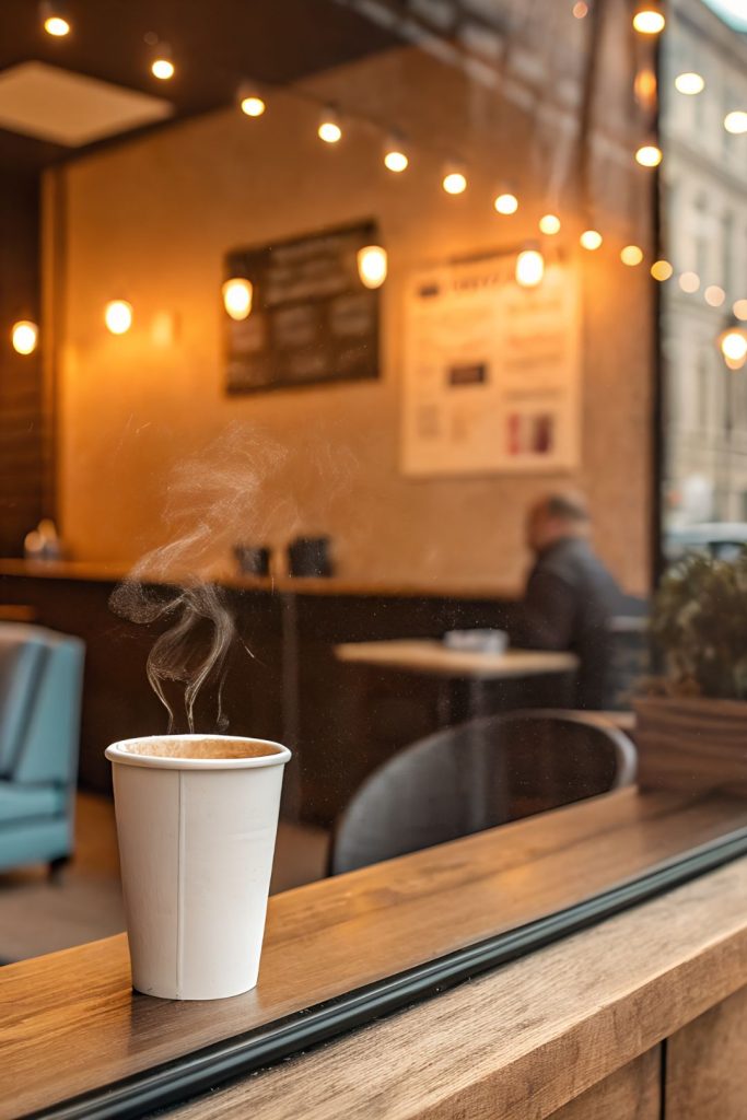 A cup of coffee on a table, illumined by the light that enters through the window.