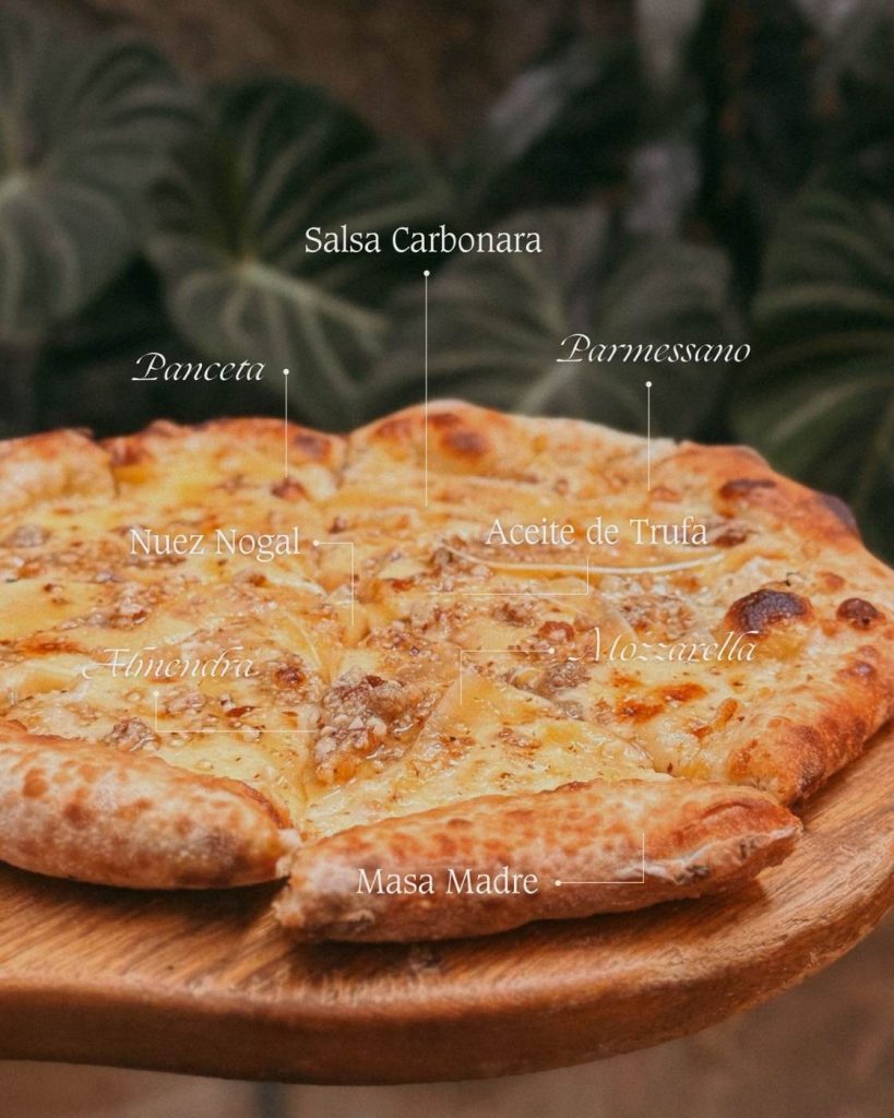 Pizza carbonara-truffle includes parmessano bacon truffle oil among others