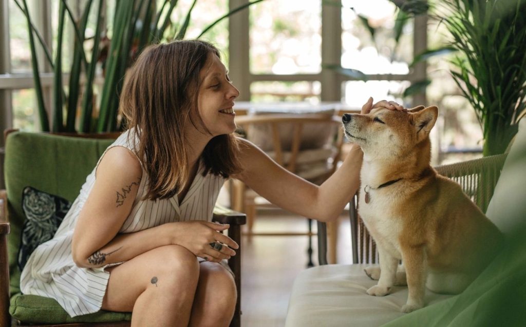 Caressing a woman's pet friendly while they are sitting in a comfortable sofa