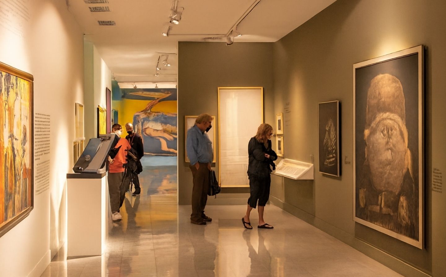 Personas observando obras de arte en un museo, disfrutando de la cultura en el centro de Medellín