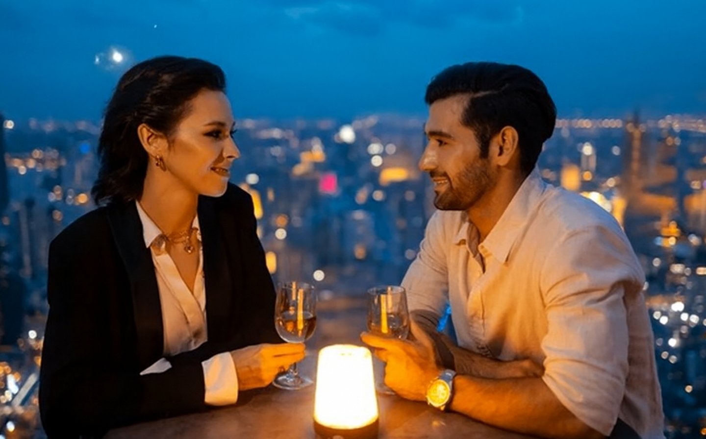Pareja disfrutando de una cena romántica en una terraza con vistas a la ciudad iluminada