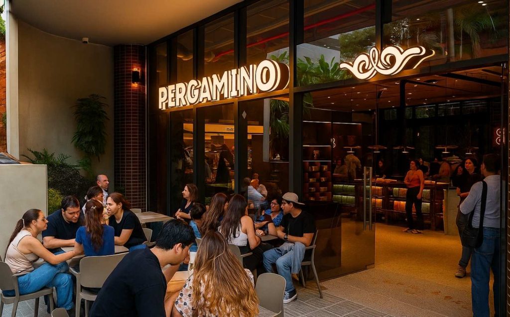 Personas sentadas en mesas al aire libre de un restaurante, disfrutando de la comida en un día lluvioso en Medellín.